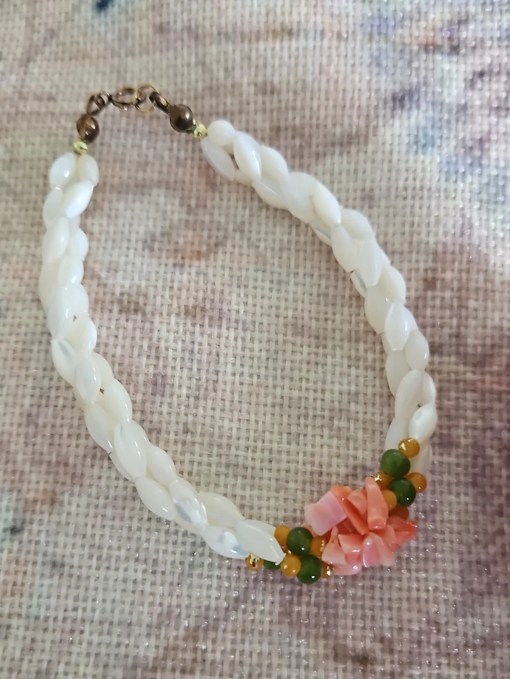 Vintage Mother of Pearl, Coral and Jade Bracelet